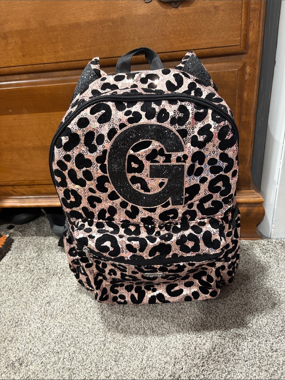 Justice Pink Sequin Leopard Backpack with Black 'G' Accent